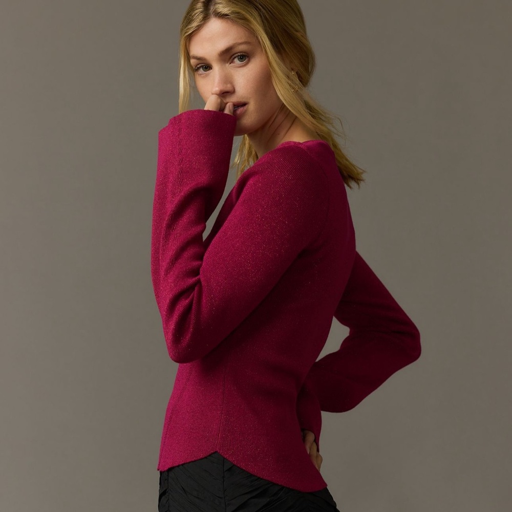 Anthropologie Maeve Shimmery Square-Neck Bell-Sleeve Sweater Raspberry Sz Small - Picture 4 of 10